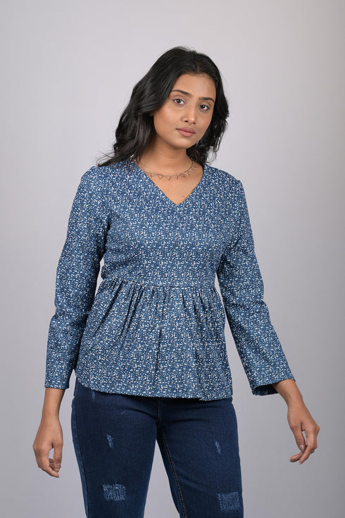 women top for women western wear stylish and trending top for womens Blue Floral Printed V-Neck Top (OTL-TPS1064)